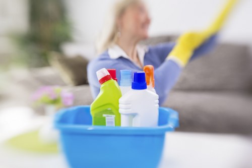 Local Airbnb cleaning service tidying a modern apartment living room