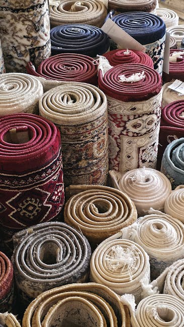 A diverse selection of rolled-up carpets on a flat surface, featuring various patterns and colors including beige, cream, red, blue, and black, with intricate floral and geometric designs visible on some. The rolls are arranged closely together, some with visible white tags. The lighting is even, highlighting the textures and details of the carpets, with no visible dust or dirt, indicative of a clean environment. This image showcases the preparation process for surface cleaning and rug restoration, reflecting the carpet cleaning services provided by Carpet Cleaning Paddington as seen in the context of the Little Venice rug restoration and dye-bleed fixes in Paddington, highlighting professional carpet maintenance and deep cleaning processes.